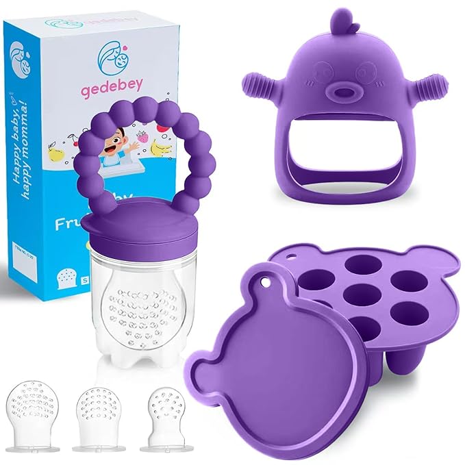 Baby Fruit Food Feeder Breastmilk Popsicle Molds for Teething Relief - 3 Pack Feeding Sets - 1 Freezer Tray with Lid & 1 Teether Toy & 1 Silicone Pacifier + 3 Extra Sizes Infant Feed Mesh (Purple)