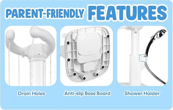 Baby Bath Adjustable Shower Stand with Stool- Secure Infant & Toddler Bath Support, Non-Slip Stool & Foldable Stand
