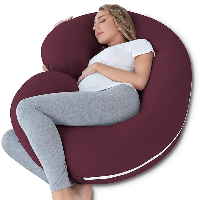 INSEN Pregnancy Pillow, Maternity Body Pillow with Velvet Cover, C Shaped for Side Sleeping (Cooling Tencel-Red Plum)