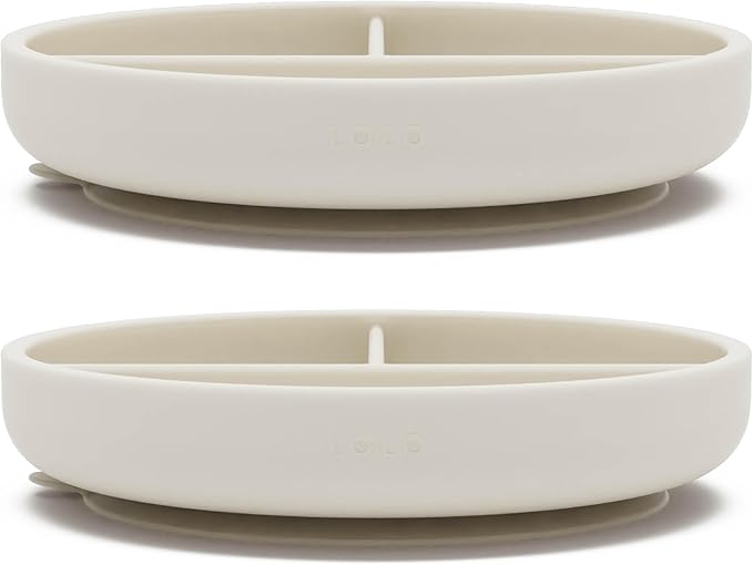 Lalo Suction Plates - 2 Pack, 100% Silicone Non-Toxic BPA-Free Baby Plates with Suction Base To Prevent Accidental Tip-Overs - Suction Plates for Toddlers With Three Divided Sections - Oatmeal
