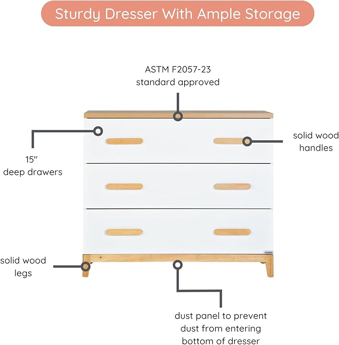 dadada LaLa 3 Drawer Dresser for Nursery - Modern Design, Deep Drawers, Baby-Safe Finish, Anti-Tip Safety, Durable Construction, Maximum Storage for Small Spaces, 39” Wide. (Little 3-Drawer)