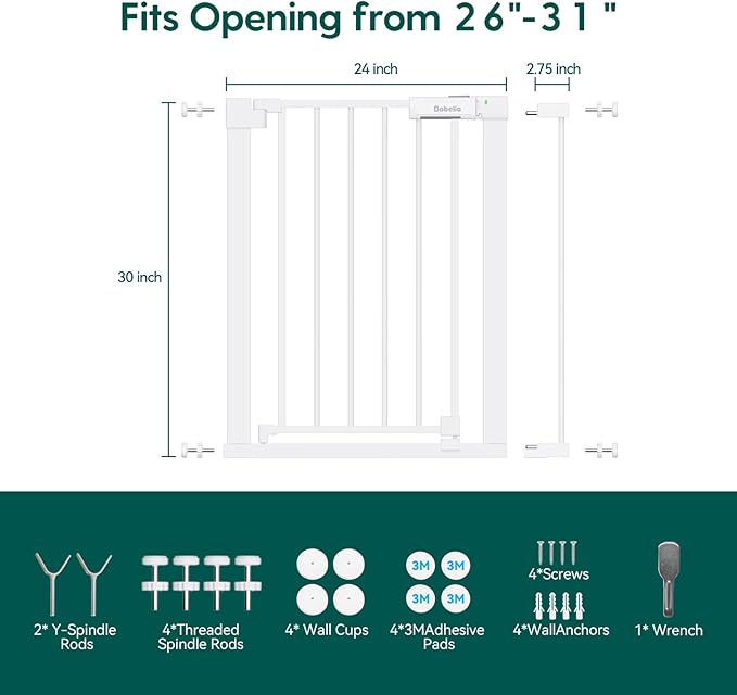 BABELIO Baby Gate for Doorways and Stairs, 26-31" Pet Gate with Wide Walk Thru Door and Lock Indicator, No Drill Pressure Mounted Safety Gate with Double Lock and Self-Closing, White