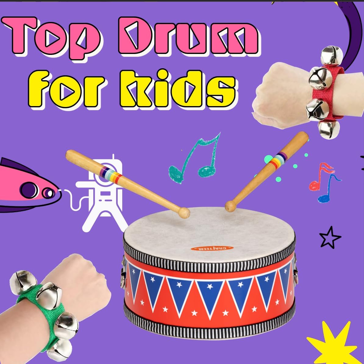 Wooden Kids Drum Set for Toddlers - Baby Musical Toy w/Wrist Bells, Drum Sticks & Fun Drum Instrument for Boys & Girls - Educational Christmas Birthday Gift.