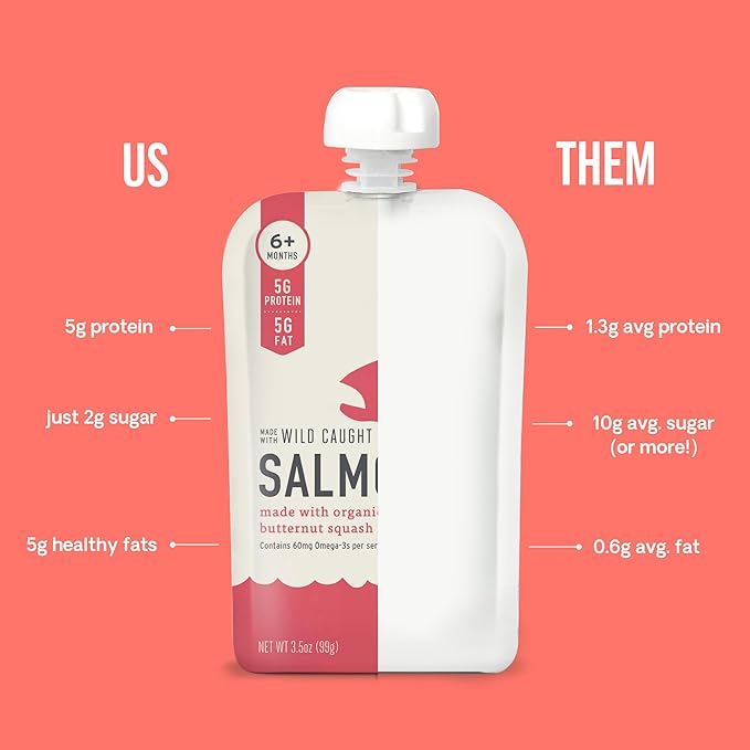 Serenity Kids 6+ Months Baby Food Pouches Puree Made With Ethically Sourced Meats & Organic Veggies | 3.5 Ounce BPA-Free Pouch | Wild Caught Salmon, Butternut Squash, Beet | 1 Count (Pack of 3)