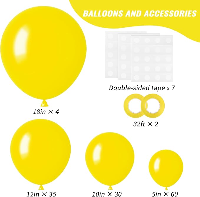 RUBFAC 129pcs Yellow Balloons Different Sizes 18 12 10 5 Inch Latex Balloon Garland Arch Kit for Masquerade Party Decoration Gender Reveal Graduation Anniversary Baby Shower Party Supplies