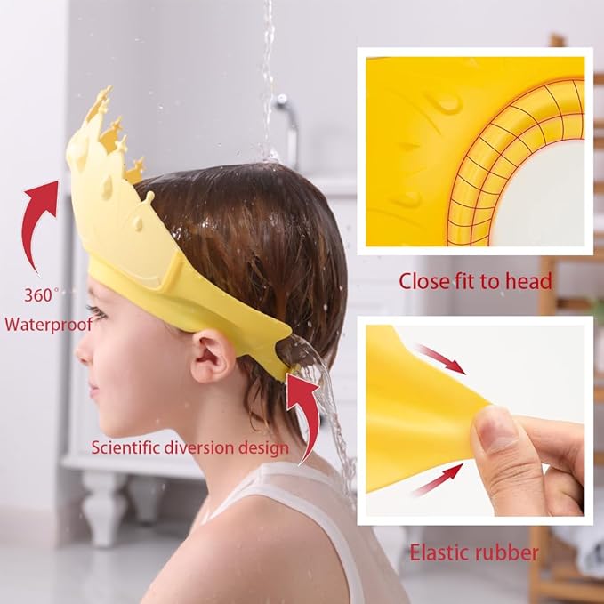 Baby Shower Cap Shield, Baby bath set shower cap, Visor Hat for Eye and Ear Protection for 0-9 Years Old Children,Cute Crown Shape Makes the Baby Bath More Fun (Yellow)