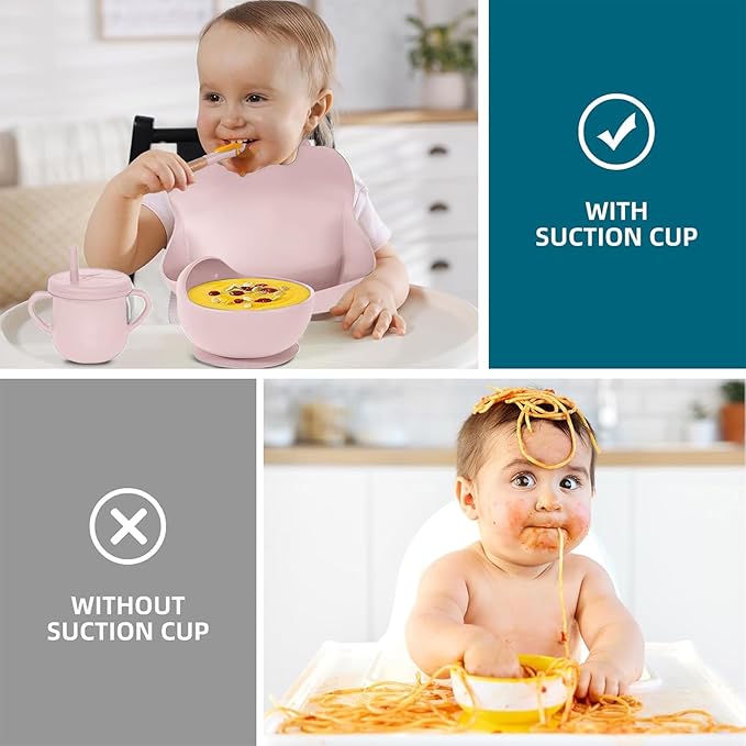 100% Silicone baby feeding set,BPA free Baby dishes set with Suction Bowl Divided Plate,Toddler Self Feeding Dish Set with Spoons Forks Sippy Cup And Bib, Baby Eating Utensils (Lilac)