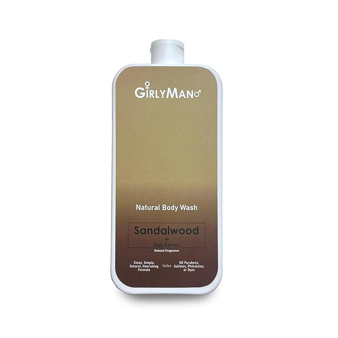 GirlyMan Natural Body Wash - Made with Olive Oil & Aloe Extract, No Artificial Fragrance, PH Balanced, Gentle Formula, Nourishing Ingredients, Family Owned (Sandalwood)