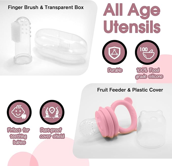 Baby Led Weaning Supplies, 17 Piece BPA-Free Silicone Feeding Set, Eating Essentials Baby Utensils with Suction Plate and Bowl, Pocket Bib, Sippy Cup with Lid, for 6+ Months, Pink