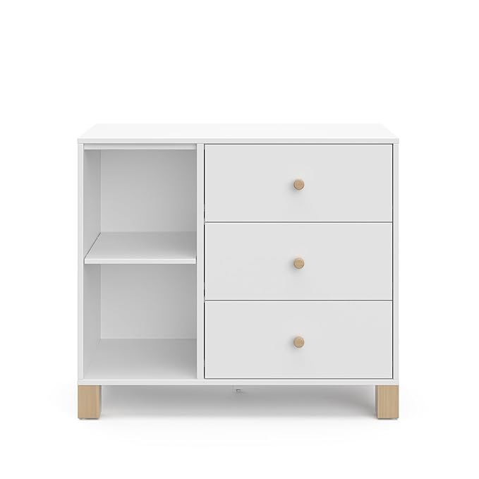 Storkcraft California 3 Drawer Combo Dresser (White with Driftwood) – GREENGUARD Gold Certified, Interlocking Drawer System, Pre-Installed Drawer Tracks for Easier Assembly, Spacious Cabinet