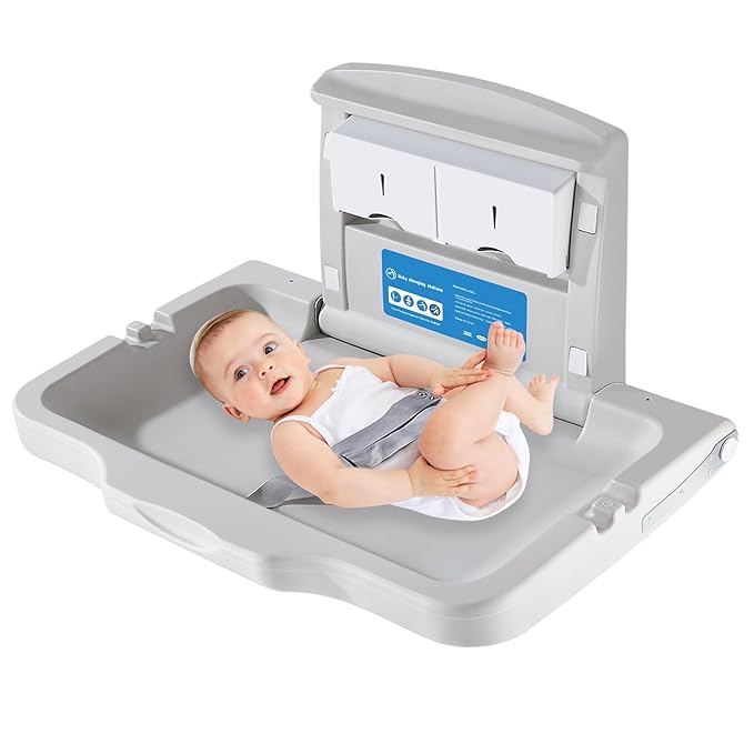 Baby Changing Station Wall Mounted, Fold Down Baby Changing Table, Commercial Diaper Changing Station, Nappy Changing Table with Safety Strop and Door Sign, Space-Saving