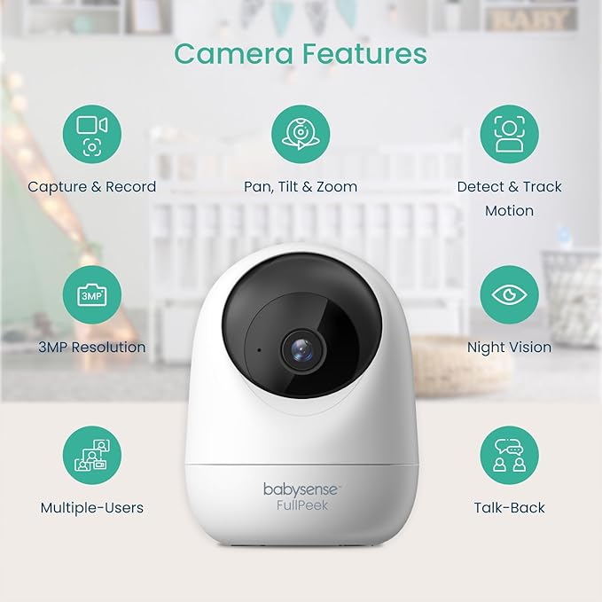 Babysense FullPeek 3MP Video Baby Monitor, WiFi Security Camera with Auto Tracking, Intelligent Motion & Sound Detection, Night Vision, Private Hidden Lens Mode, Supports SD Card