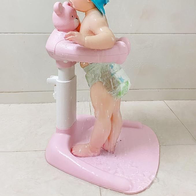 Adjustable Baby Shower Stand with Anti-Slip Base, Huggable Bear Bath Support, Portable Baby Shower Stand, Bath Shower Standing Support Baby Bath Stand for Infants Babys Pink Bear