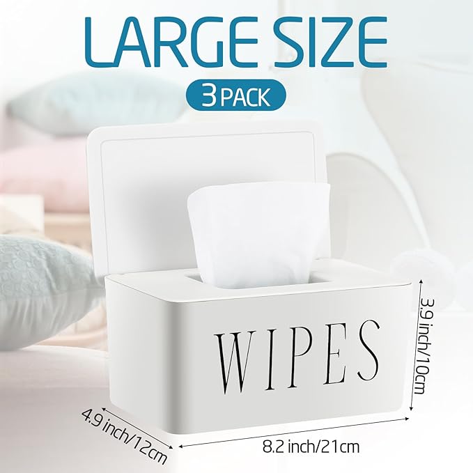 3 Pack Baby Wipes Dispenser Holder Wipe Container for Bathroom with Lid Toilet Tissue Paper Storage Refillable Box for Home Office Cars(Large,White)