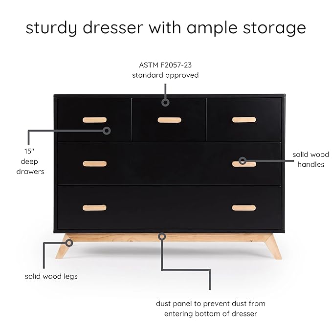 dadada Soho 5-Drawer Dresser for Nursery and Bedroom - Modern Design, Large Storage, Baby-Safe Finish, Soft Close Drawers, Anti-Tip Safety, Sturdy Legs & Solid Wood Handles, 47” Wide (Black+Natural)