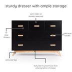 dadada Soho 5-Drawer Dresser for Nursery and Bedroom - Modern Design, Large Storage, Baby-Safe Finish, Soft Close Drawers, Anti-Tip Safety, Sturdy Legs & Solid Wood Handles, 47” Wide (Black+Natural)
