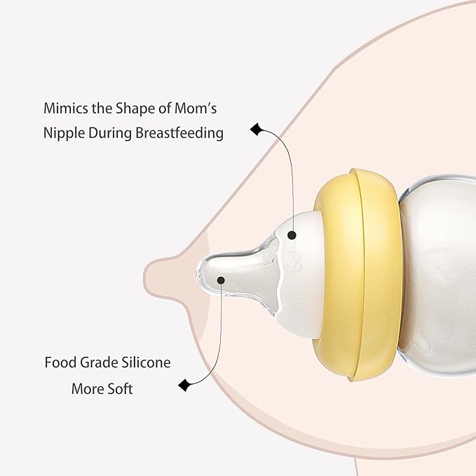YOHKOH Natural Glass Baby Bottle with Natural Response Nipple, Newborn Anti-Colic Baby Bottles, Wide Neck Mushroom Cap Baby Bottle, Clear (Yellow, (5.4oz (Pack of 4))