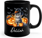 Customized Halloween British Longhair Mug with Name, Personalized British Longhair with Pumpkins Coffee Cup, Witch Cat Ceramic Mug, Pet Halloween Black Cup 11oz 15oz, Gift for Cat Dad Mom