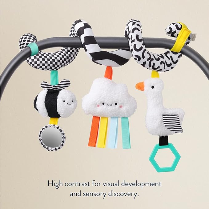 Itzy Ritzy Spiral Car Seat & Stroller Activity Toy - Stroller & Car Seat Toys for Ages 0 Months and Up - Hanging Toys Include Dangling Ring, Mirror and Textured Ribbons (High Contrast)