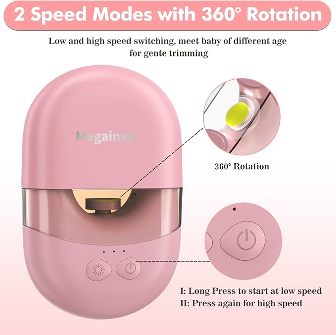 Megainvo Baby Nail Trimmer Electric USB Rechargeable Baby Nail File, Baby Nail Clippers w/Storage Compartment & LED Light, Electric Nail File for Baby Infant Toddler Newborn Nail Care Kit Pink