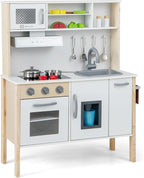 HONEY JOY Kids Kitchen Playset, Wooden Play Kitchen for Toddlers, Microwave, Range Hood, Ice Maker, 18 Cooking Accessories, Little Chef Pretend Play Toy Kitchen Set, Gift for Boys Girls, Natural