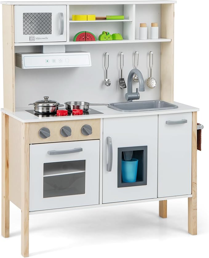 HONEY JOY Kids Kitchen Playset, Wooden Play Kitchen for Toddlers, Microwave, Range Hood, Ice Maker, 18 Cooking Accessories, Little Chef Pretend Play Toy Kitchen Set, Gift for Boys Girls, Natural