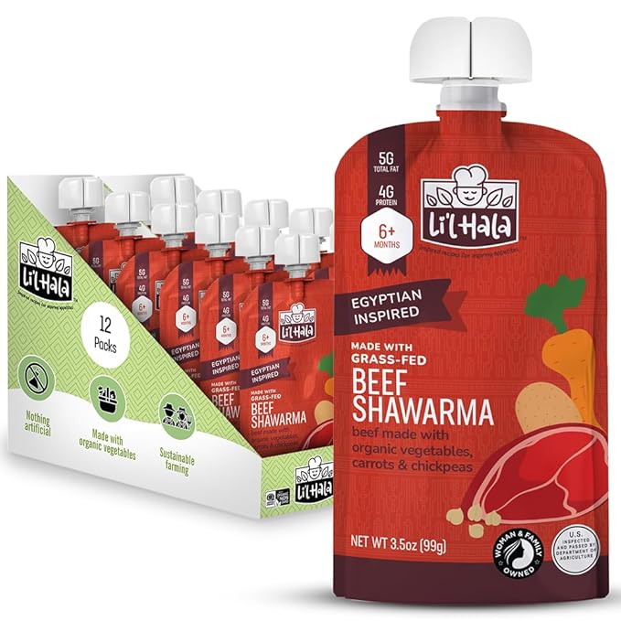 Li’l Hala Baby Food Pouches – Grass-Fed Beef Shawarma & Organic Veggies – Toddler Puree with Meat – High Protein, Healthy Fats – BPA-Free – No Sugar or Hormones – 6+ Months – 3.5 oz (12 Pack)