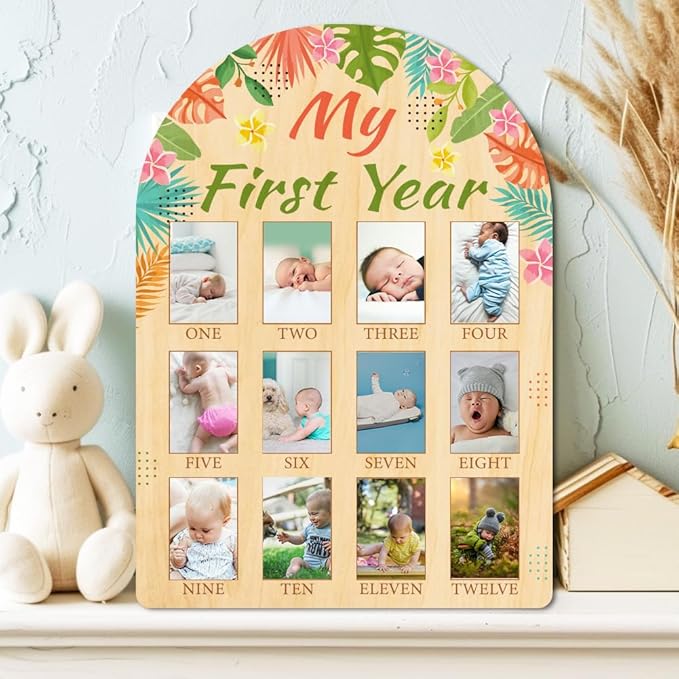 ORIGACH My First Year Baby Growth Photo Display Wood Board - 12 Months Newborn Milestones Photo Board - Neutral Baby Keepsake Board 1st Birthday Party Nursery Decor New Mom Gift - Tropical Leaves