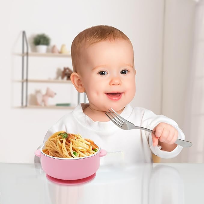 4 Pack Stainless Steel Baby Bowls with Suction, 2-in-1 SUS304 Toddlers Bowl & Removable Silicone Suction Kids Bowl Anti Scald Non Toxic Snack Container for Baby Food Feeding