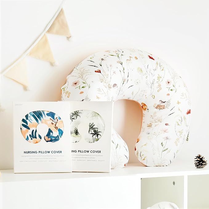 GRSSDER Reversible Nursing Pillow Cover, Ultra Soft Stretchy Minky Removable Nursing Covers Fitted for Breastfeeding Pillows Snug and Safe, Comfortable Slipcover for Girls, Stylish Original Print