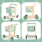 Asweets 2 in 1 Wooden Baby Walker Push and Pull Doll Stroller, Shopping Cart Learning Walker for Boys and Girls, Sit Stand Learning Toddler Toy (Green)