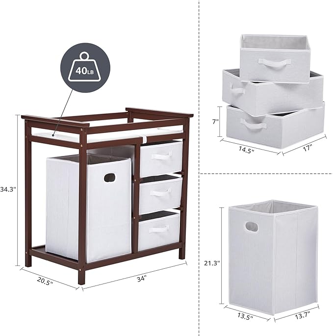 Wooden Baby Changing Table, Modern Diaper Changing Table, Infant Diaper Station Dresser with Laundry Hamper, 3 Drawer Basket- Storage Organizer for Baby Clothes, Diapers & Toys