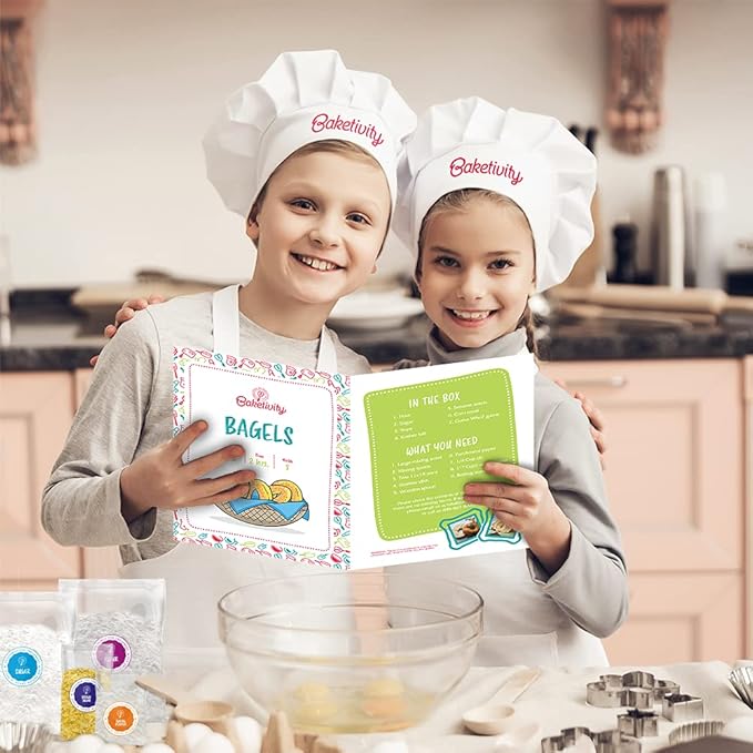 Baketivity Kids Baking Set, Meal Cooking Party Supply Kit for Teens, Real Fun Little Junior Chef Essential Kitchen Lessons, Includes Pre-Measured Ingredients (Baketivity Kit, Bagels)