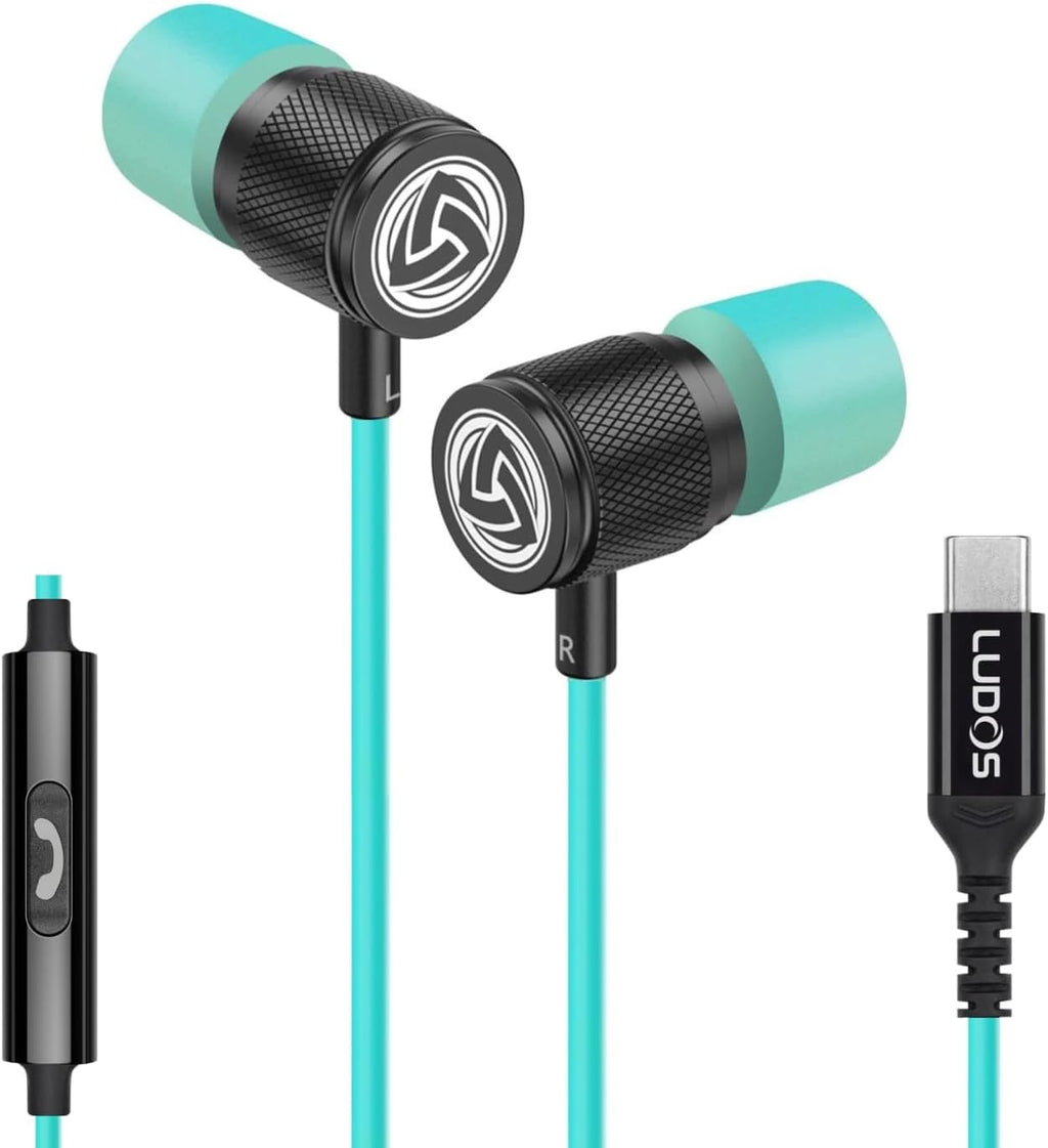 LUDOS Ultra USB C Headphones for iPhone 16 15 Pro Max Plus iPad Pro, 5 Years Warranty, Magnetic USB-C Earbuds for Samsung Galaxy S24 S23 Ultra S22 S21 FE S20 A55 A54 A53, USB Type C - Turquoise