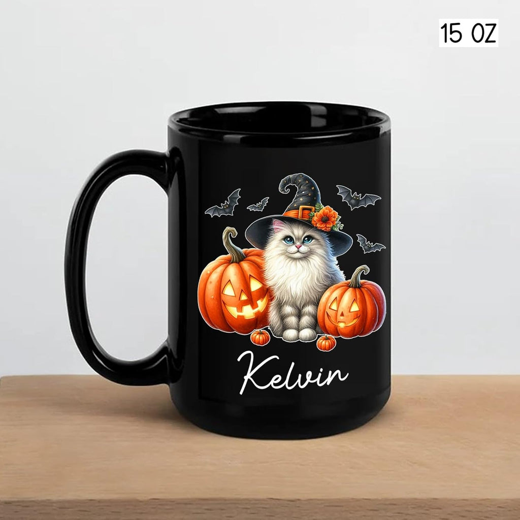 Personalized Turkish Angora Wearing Witch Hat Mug 11oz 15oz, Halloween Turkish Angora Coffee Cup with Custom Name, Cat Pumpkins Ceramic Mug for Halloween, Cat Pet Black Cup Gift for Pet Lover