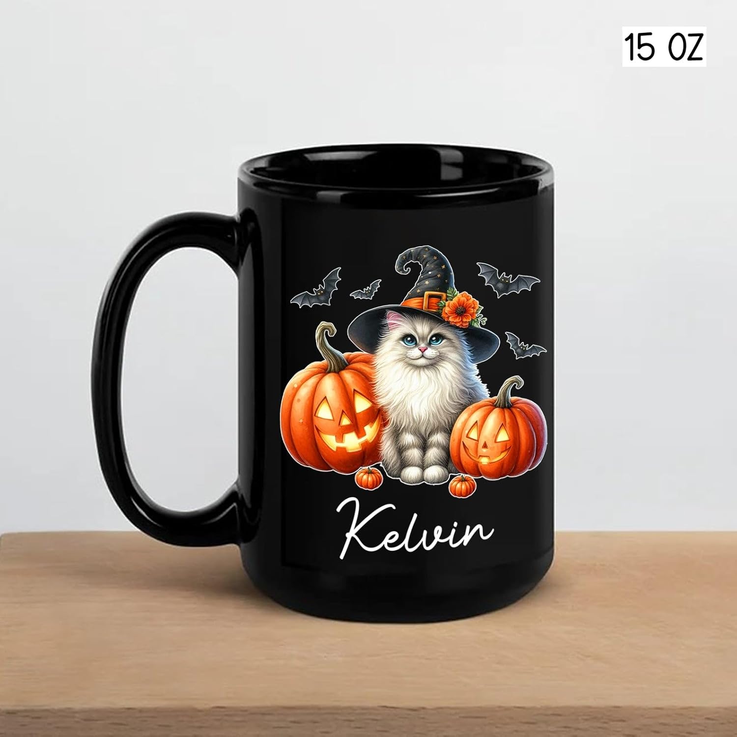 Personalized Turkish Angora Wearing Witch Hat Mug 11oz 15oz, Halloween Turkish Angora Coffee Cup with Custom Name, Cat Pumpkins Ceramic Mug for Halloween, Cat Pet Black Cup Gift for Pet Lover