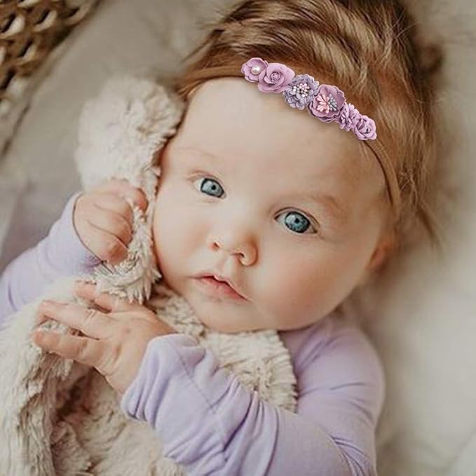 Baby Girl Nylon Headbands Flower Hair Bows Accessories-Elastic Hair Band Crown Handmade FLoral Wraps Birthday Gifts for Girls Newborn Infant Toddler 3Pcs