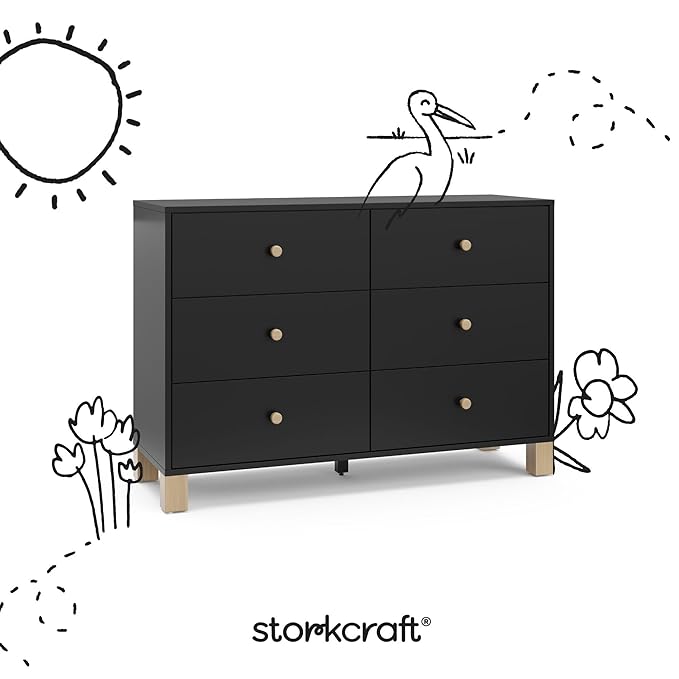 Storkcraft California 6-Drawer Double Dresser (Black with Driftwood) - GREENGUARD Gold Certified, Interlocking Drawer System, Dresser Drawer Organizer for Kids Bedroom