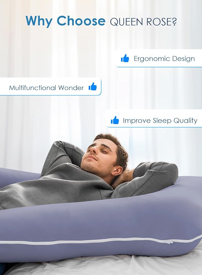 QUEEN ROSE Pregnancy Pillows, 60 Inch Cooling U Shaped Body Pillow for Sleeping, Extra Long Maternity Pillow for Pregnant Women, Body Support for Adults, with Soft Silky Cover, Blue