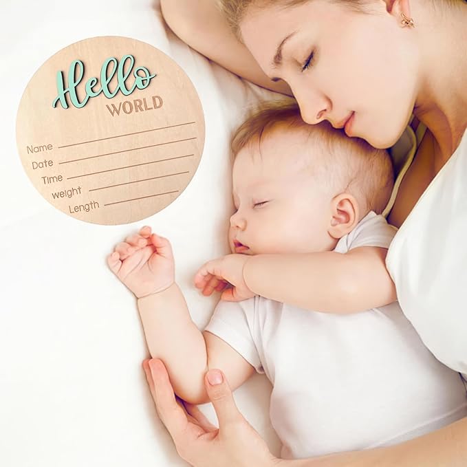 Baby Announcement Sign, 5.9 Inch Wooden Hello World Newborn Signs, Birth Announcement Sign, Baby Shower Hospital Nursery for Newborn Boys and Girls (Spark Green)