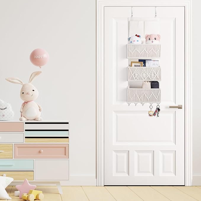 ANTIS'S HOME Over The Door Organizer Boho Bedroom Decor Nursery Storage with 3 Large Woven Pockets, Macrame Nursery Organizers and Toys Storage, Behind Door for Bathroom, Beige Back of Door Organizer