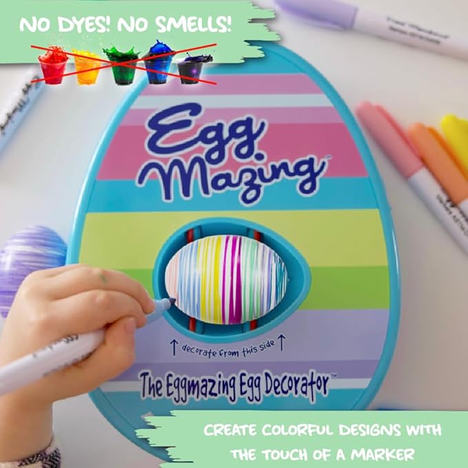 The Eggmazing Egg Decorator Easter Egg Decorator Kit - Arts and Crafts Set - Includes Egg Decorating Spinner and 8 Colorful Quick Drying Non Toxic Markers (Blue) - Packaging May Vary