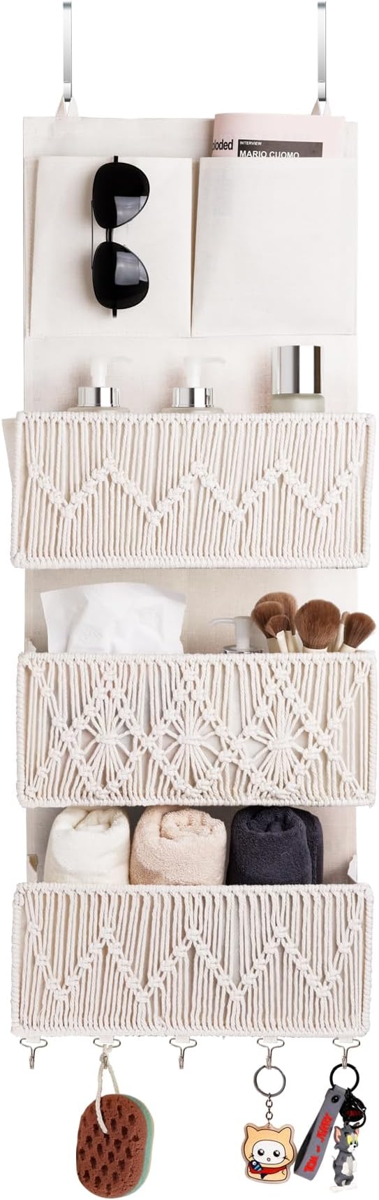 ANTIS'S HOME Over The Door Organizer Boho Bedroom Decor Nursery Storage with 3 Large Woven Pockets, Macrame Nursery Organizers and Toys Storage, Behind Door for Bathroom, Beige Back of Door Organizer