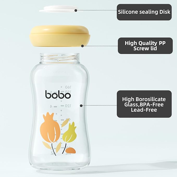 YOHKOH Breast Milk Storage Bottles - Wide Neck Glass Breastmilk Storage Bottles with Lids, BPA-Free (Yellow, 5.4oz (Pack of 6))