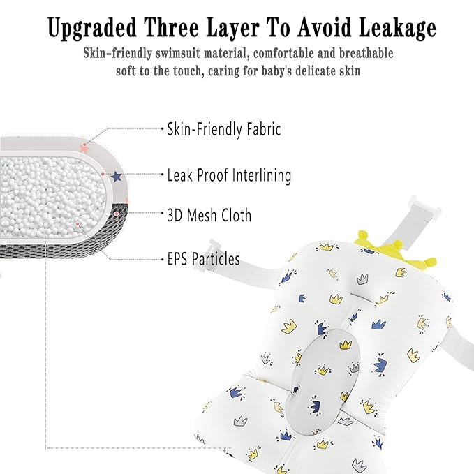 Baby Bath Pad, Soft Bathtub Mat, Adjustable Nonslip Newborn Toddler Bath Cushion, Comfortable Skin Friendly Floating Pad for 0-12 Months Infant (Crown)
