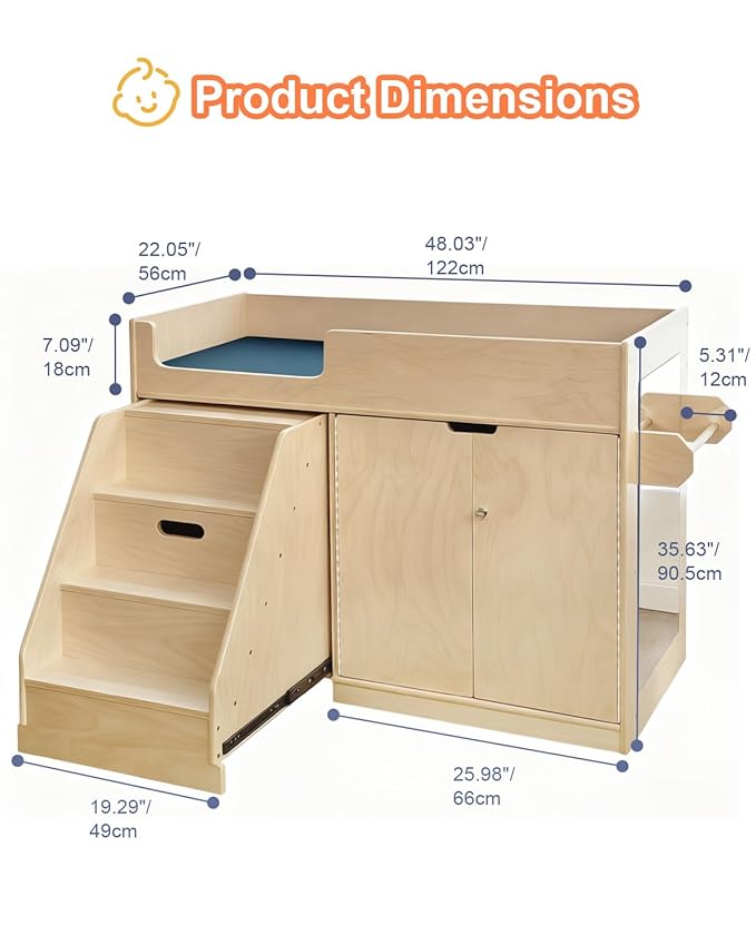 Wooden Baby Changing Table with Mirror, 100% Birch Plywood Toddler Diaper Changing Station with Stairs & Storage, Montessori Furniture for Daycare, Nursery, Home, School