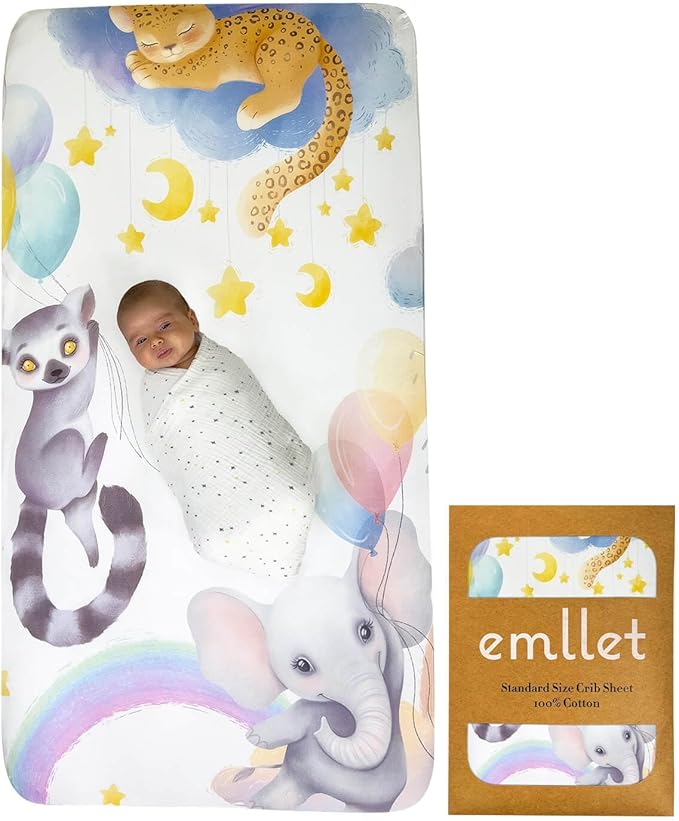 100% Cotton Fitted Crib Sheet, Rainbow Safari Animals Design, Sleepy Jaguar Elephant Lemur Pattern, Fits Standard 52 x 28 in Crib Mattress
