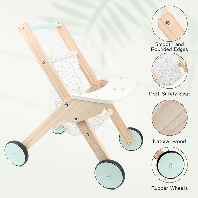 Wooden Baby Walker Doll Stroller, Baby Push Walker, Shopping Cart Learning Walk for Boys and Girls, Wood Push Toys for Toddler Learning to Walk