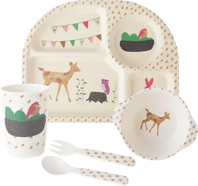 Kids Feeding Set 5 Pcs, Tableware Set for Toddlers Includes Plate Bowl Cup Fork and Spoon Utensil Flatware, Kids Flatware Set Dishwasher Safe, BPA Free (Giraffe)