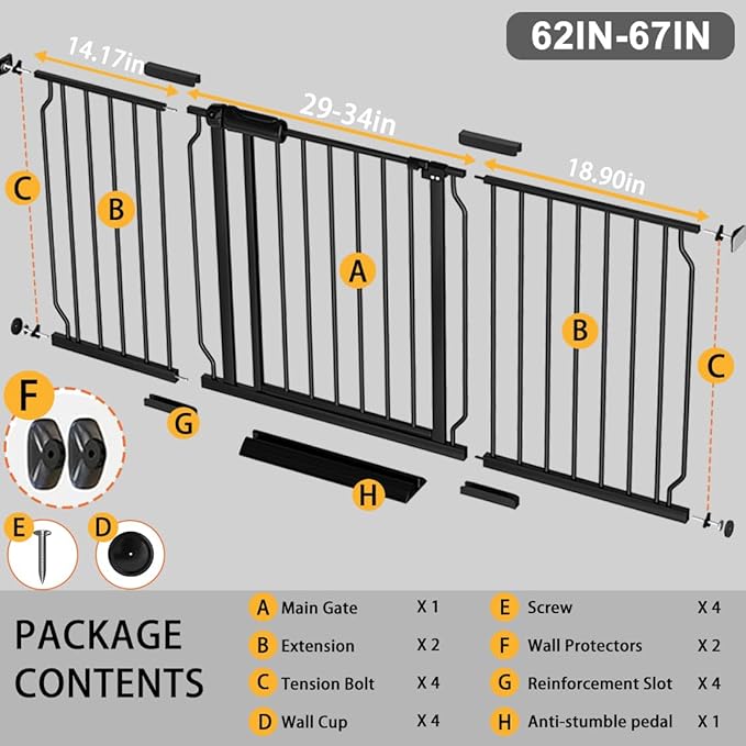 Fairy Baby Extra Wide Baby Gate Black 62-67 Inch Wide, Walk Through Pressure Mounted No Drill, Long and Large Tension Gate for Pet and Kids